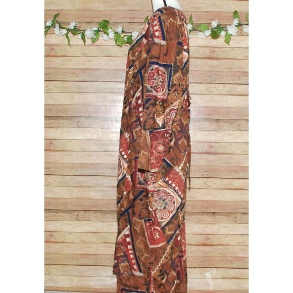 Vintage Diana Marco Brown Maxi Dress Size 22 Patterned Long Sleeve Ethnic Retro - Picture 5 of 12